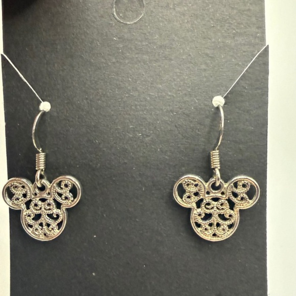 Disney Mickey Mouse Filigree Dangle Pierced Earrings Silver Tone